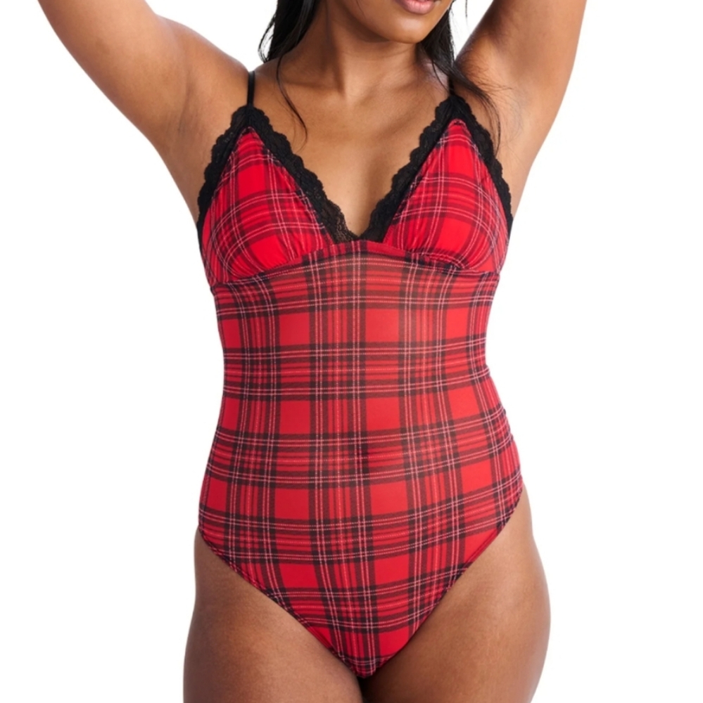 5/$15 Red Black Plaid Lace Mesh Bodysuit